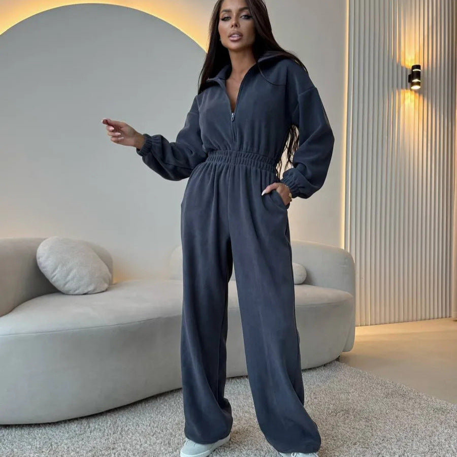 Damer fleece overall med halv glidelås og elastisk midjebånd Skjora