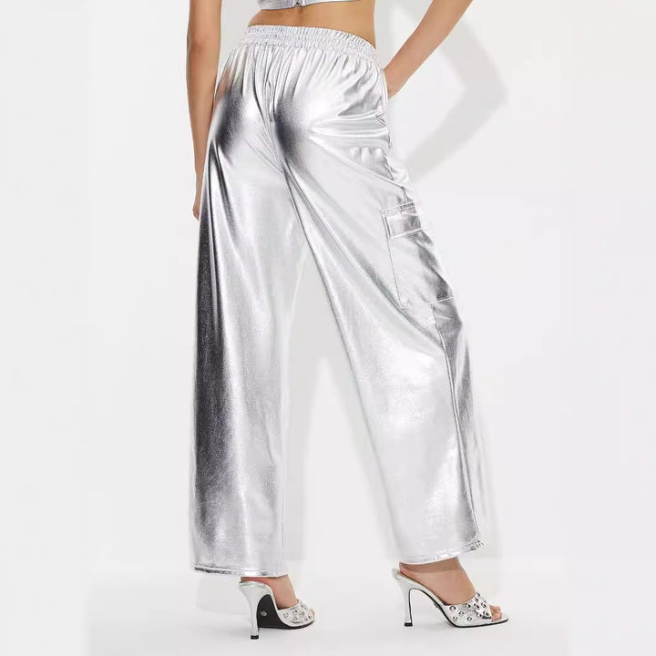 Dame Cargo-bukser i glinsende metallisk utseende med elastisk linning Skjora