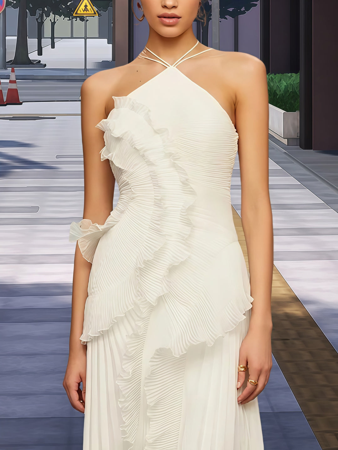 Women's Elegant Wrapped Dress with Flowing Pleated Skirt and Asymmetrical Ruffle Details