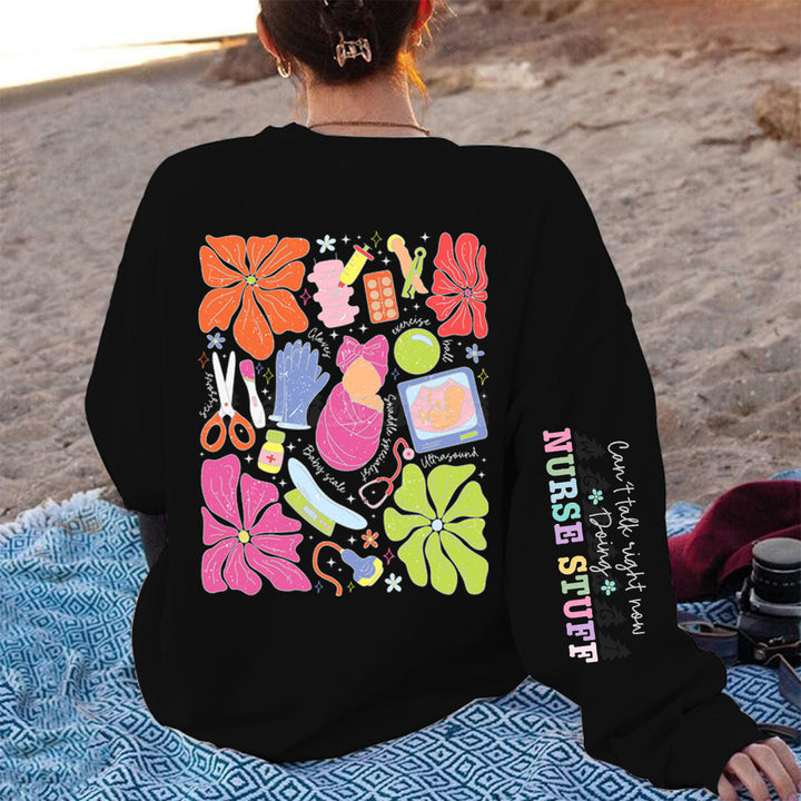 Dame sweatshirt med fargerik grafisk design og originalt pleiemotiv Skjora