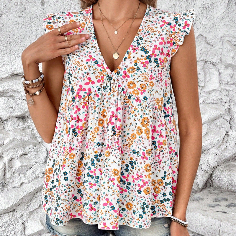 Dame bluse skjorte med blomsterdesign og V-hals Skjora