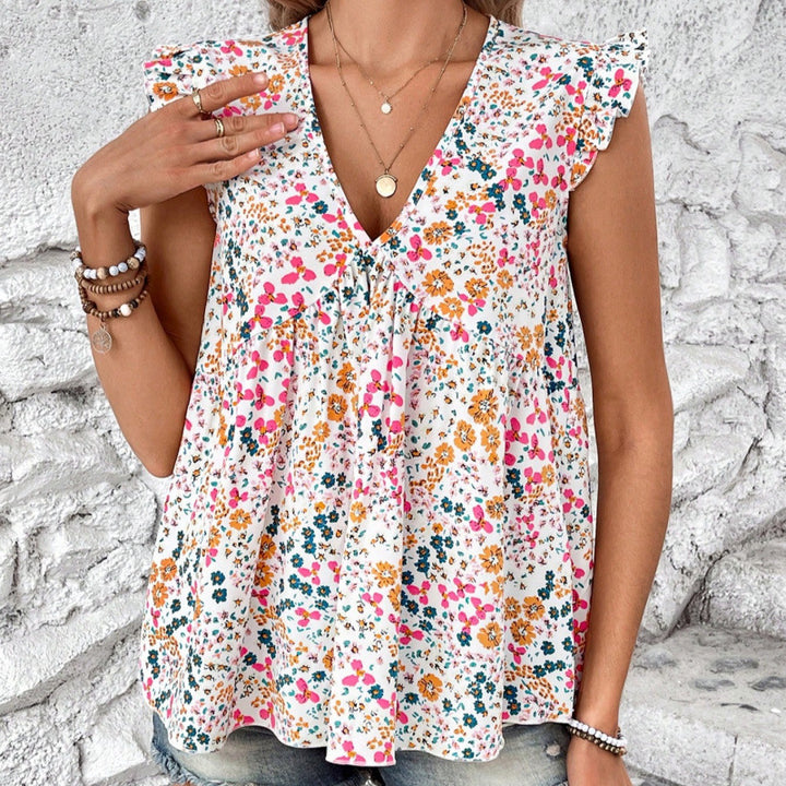 Dame bluse skjorte med blomsterdesign og V-hals Skjora