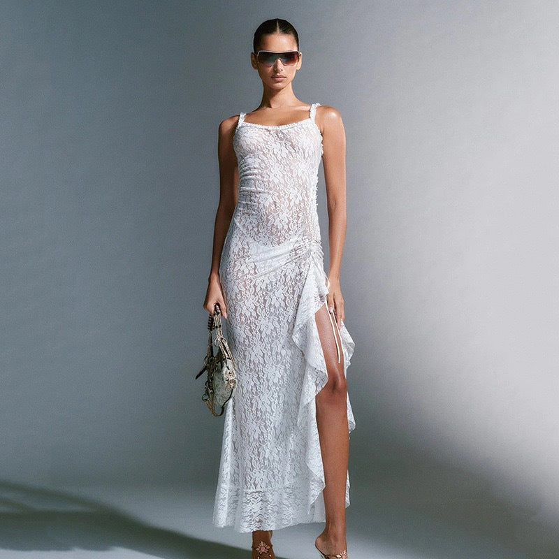 Damer Elegant Spets Maxi Kjole med Sideslag og Rynket Design Skjora