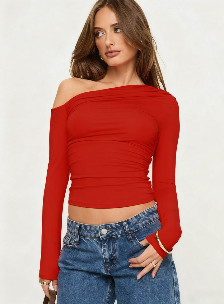 Dame Off-Shoulder Rynkeskjorte med lange ermer og elegant design Skjora