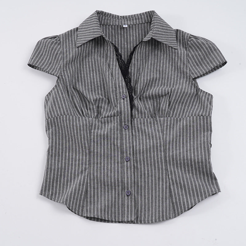 Dame elegant bluse skjorte med raffinerte spissdetaljer og moteriktig striper mønster Skjora