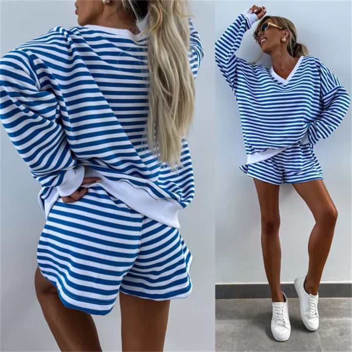 Kvinnes uformelle kortermet sett med maritimt striped mønster og elastisk midjeband