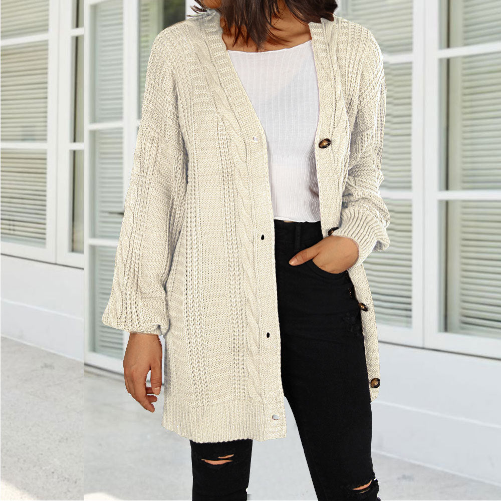 Dame chunky strikket cardigan med elegant knappestolpe og vide ermer Skjora