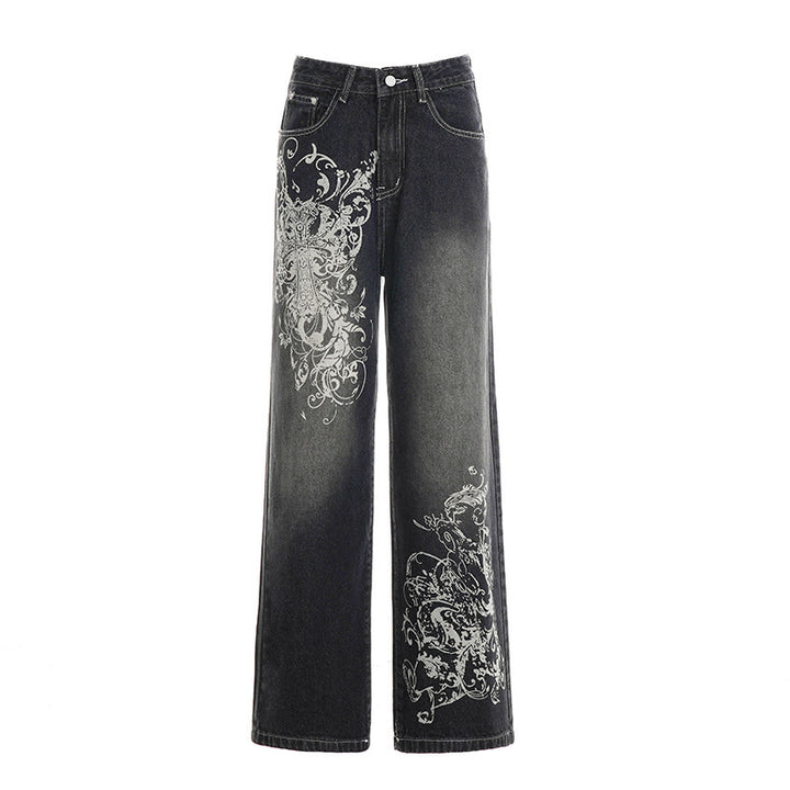 Damer Bred Denim-bukser med iøynefallende grafisk trykk Skjora