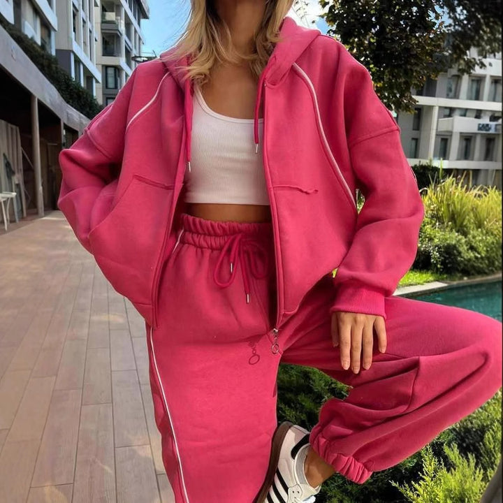 Dame sporty loungewear-set med hette og elastisk belte Skjora