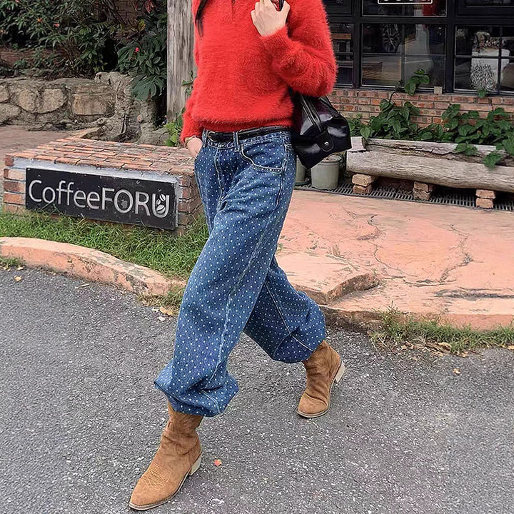 Dame vide Denim-jeans med polka-prikker Skjora