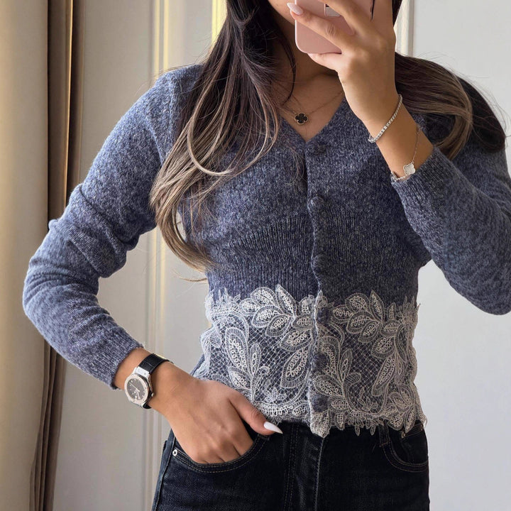 Dame cardigan med delikat blonder trim og elegante knapper Skjora