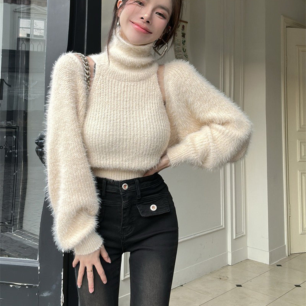 Damer Stilfull Turtleneck Genser med Puff Ermer Skjora