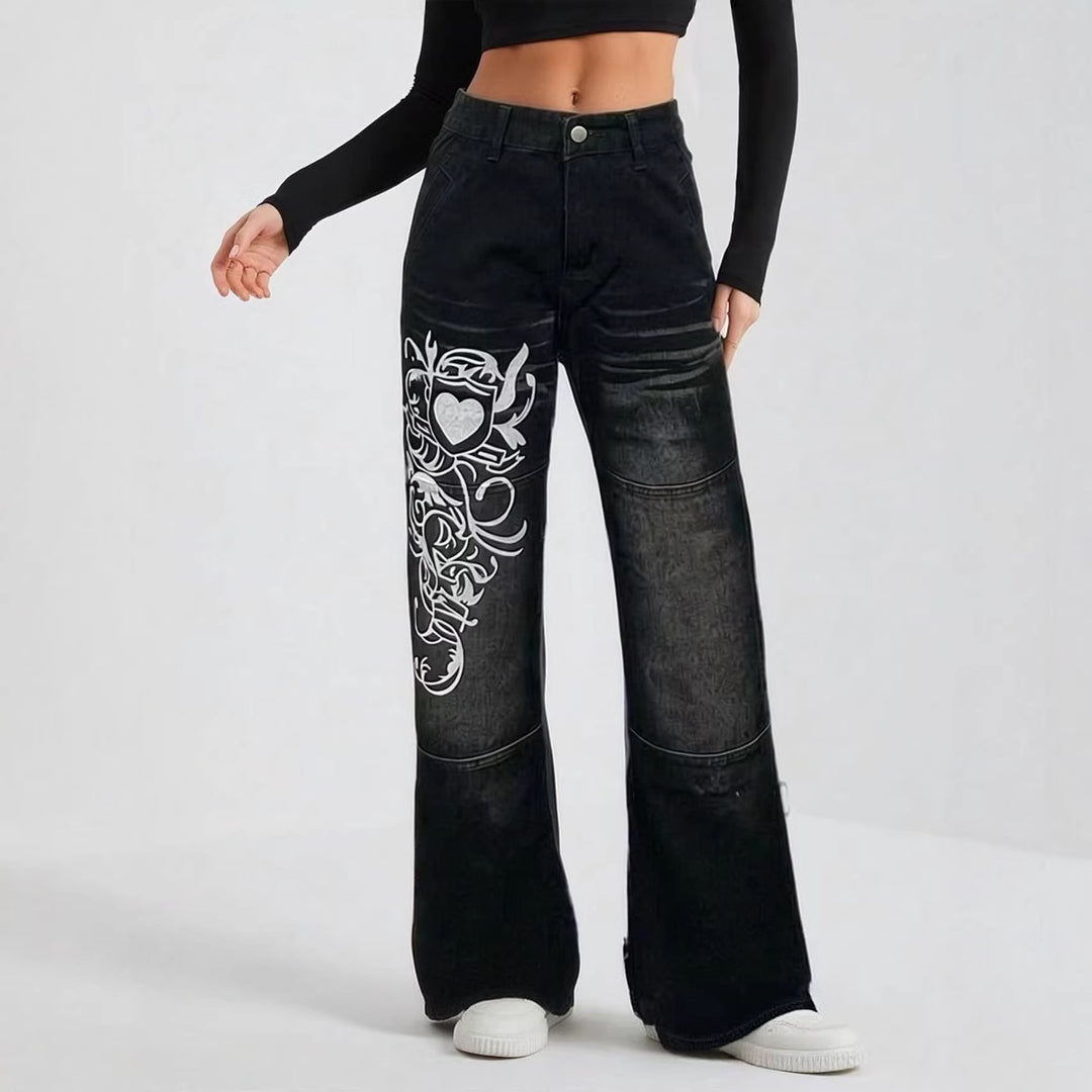 Dame vide jeans med kunstnerisk trykk Skjora