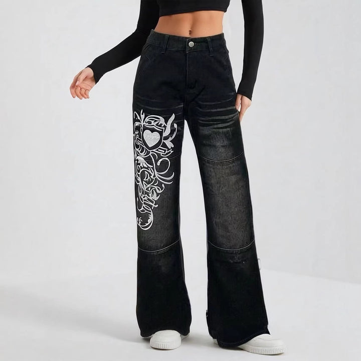 Dame vide jeans med kunstnerisk trykk Skjora