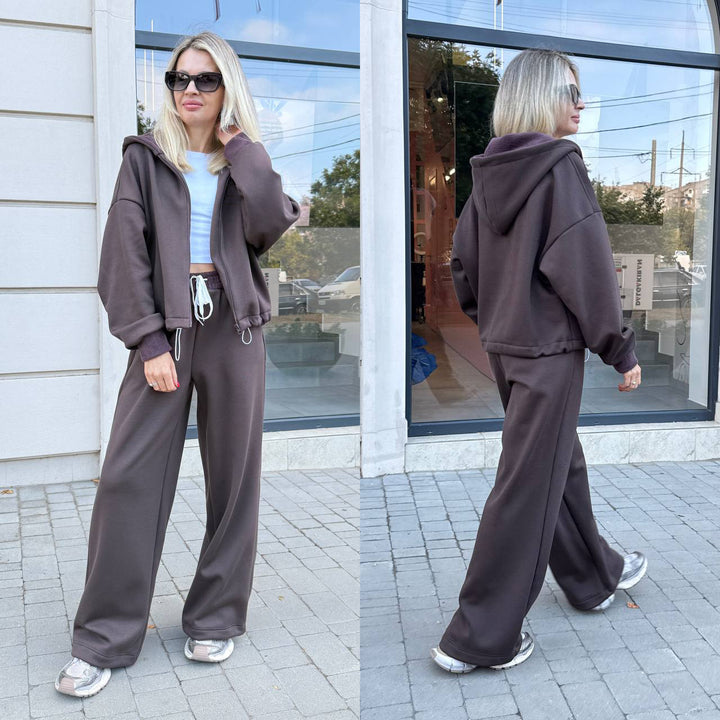 Dame Oversized Hoodie og Vide Bukser Sett Skjora