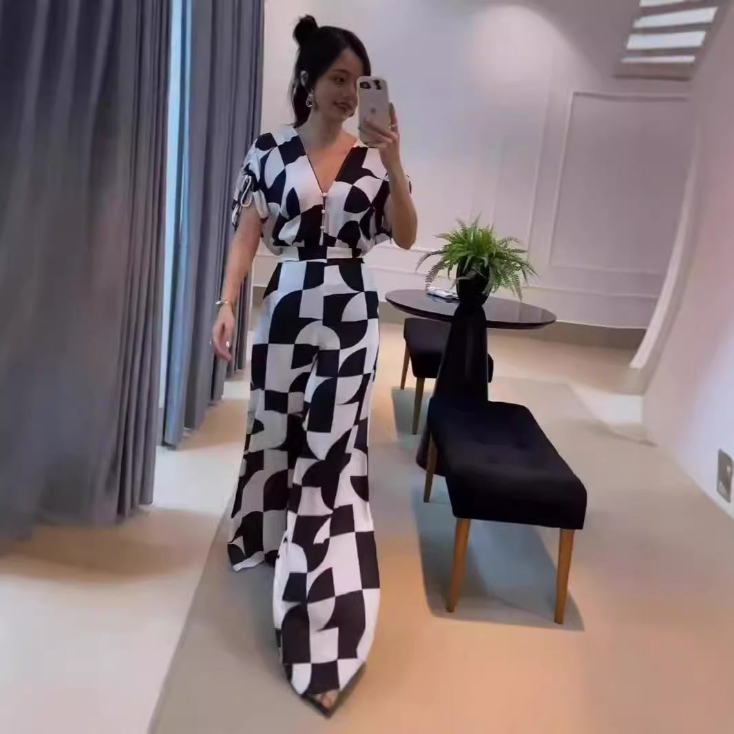 Damer Moderne Jumpsuit med grafisk mønster og elegante ermer Skjora