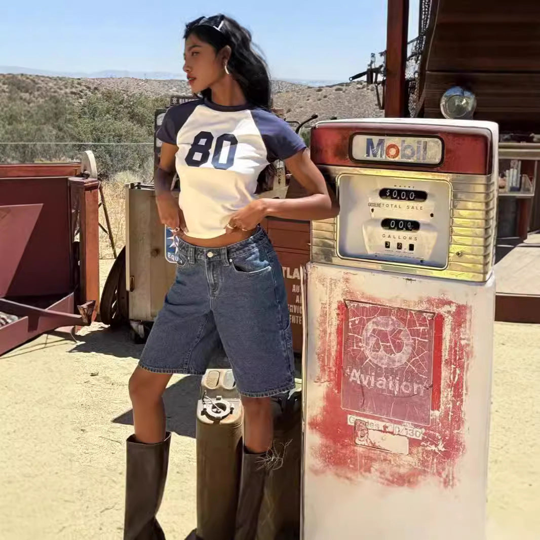 Dame moteriktige denim-shorts med avslappet snitt og høy midje Skjora