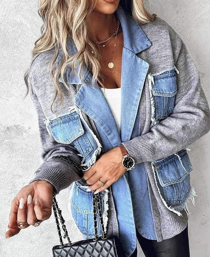 Kvinnelig casual cardigan med to brystlommer og detaljvennlig denim Skjora