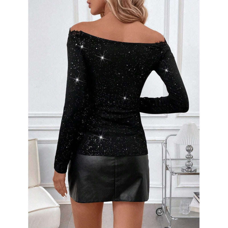 Dame spissbody med glitrende accenter og off-shoulder design Skjora