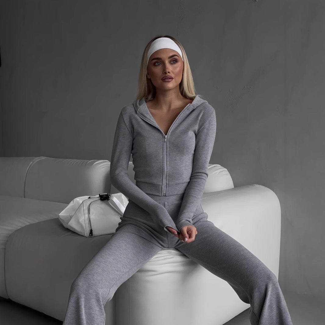 Kvinnes fashionable zip hettegenser og sporty leggings sett Skjora