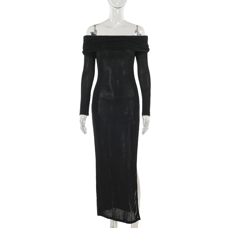 Dame off-shoulder maxikjole med elegant drapering og transparent overdel Skjora