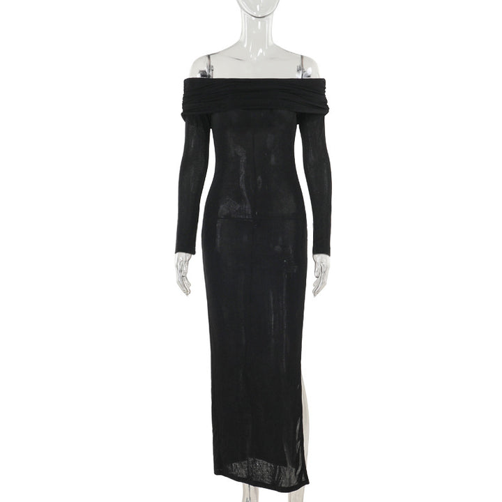 Dame off-shoulder maxikjole med elegant drapering og transparent overdel Skjora