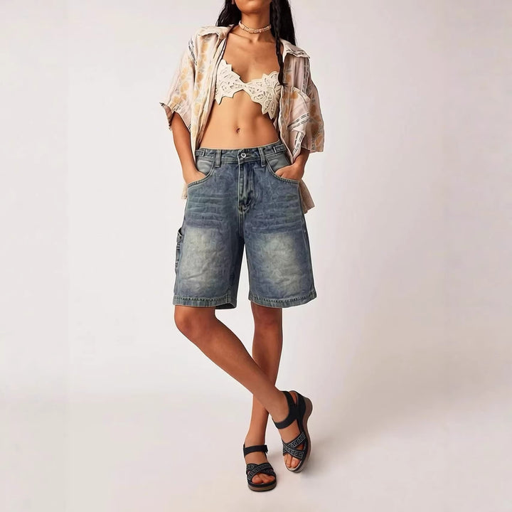 Dame casual denimshorts med høy midje og bred passform Skjora