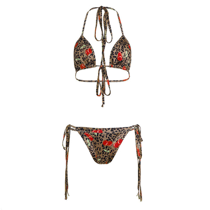 Dame triangel-bikini-set med blomsterdetaljer og dyremønster Skjora