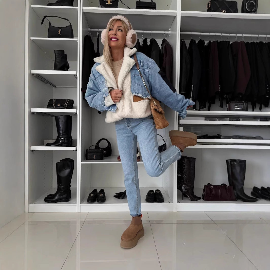 Kvinne casual polstret denimjakke med fargekombinasjoner Skjora