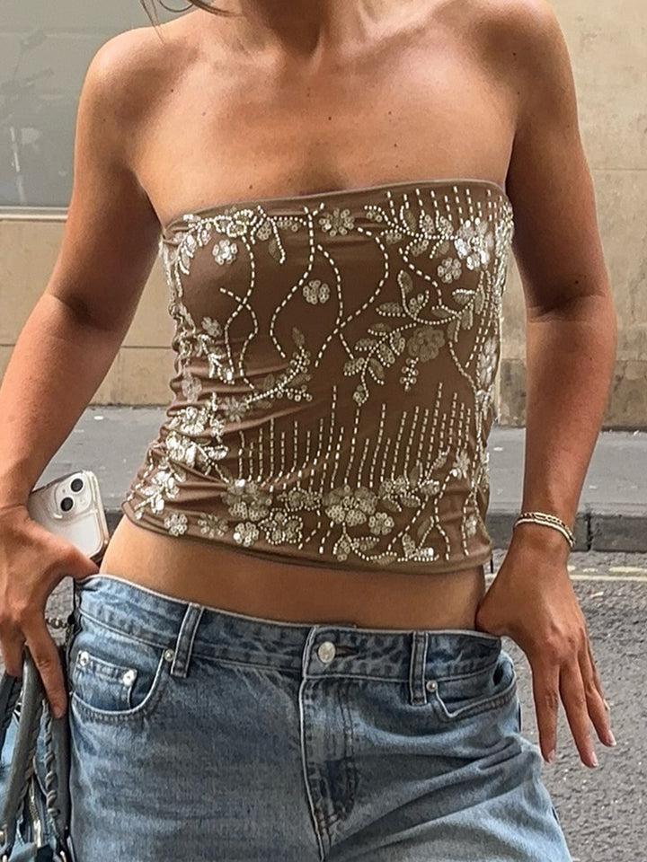 Damer elegant Crop-Top med blomsterbroderi og paljetter Skjora