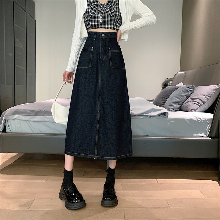 Kvinne Lang Denim Skjørt med Praktiske Lommer Skjora