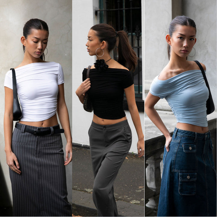 Damer figurnær overdel med off-shoulder design og rynking Skjora