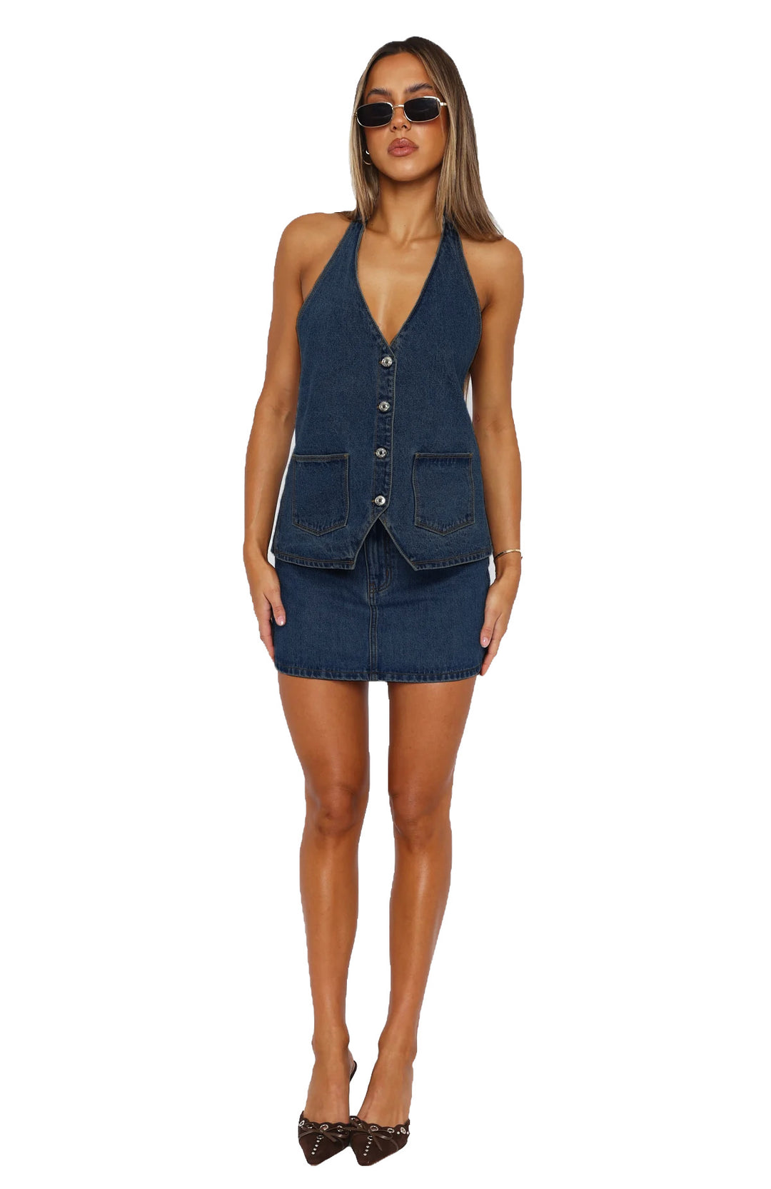 Dame denim-kjole med ermeless design og praktiske lommer Skjora