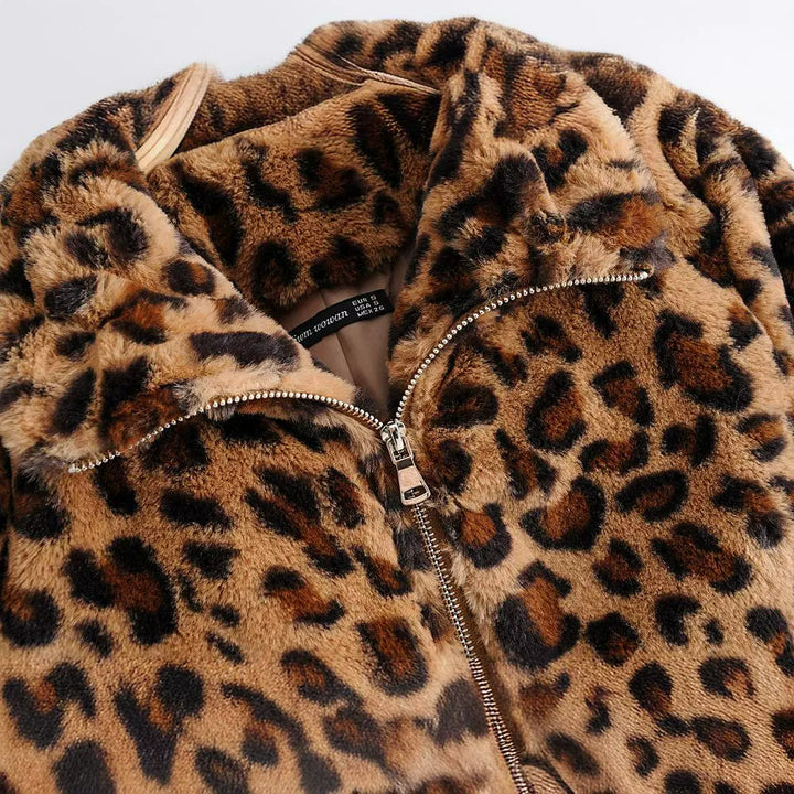 Kvinne Fluffy Leopard Print Jakke med Glidelås Skjora