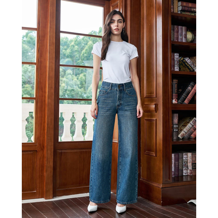 Dame Løst skjært jeans med høy liv og klassisk denim-look Skjora