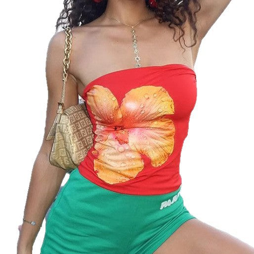 Dame bandeau-top med stilfull blomstertrykk og elastisk linning Skjora