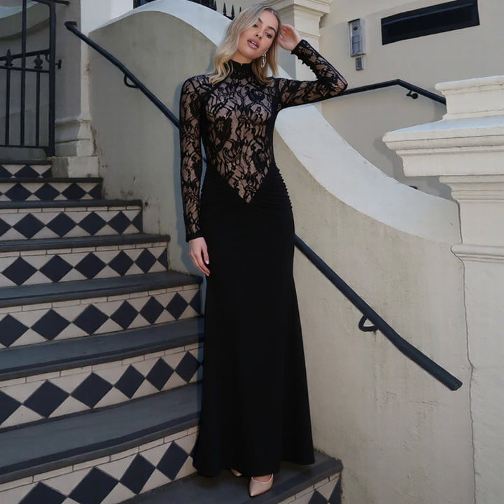 Damer Elegant Langermet Kjole i Blonder med Rynket Silhuett Skjora
