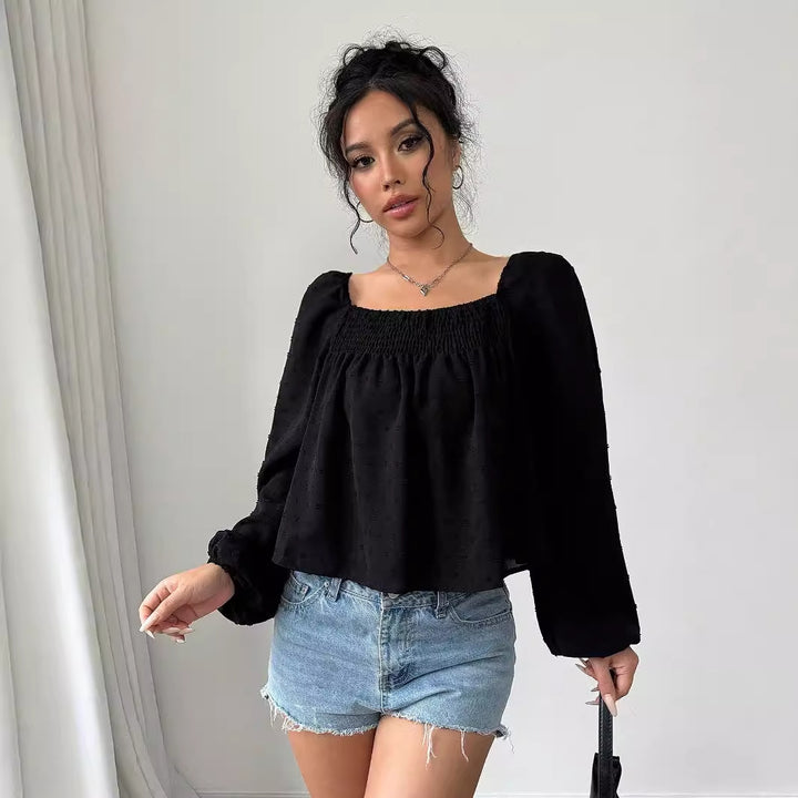 Damen elegant Bluse med luftige puffarmer og strukturert overflate Skjora