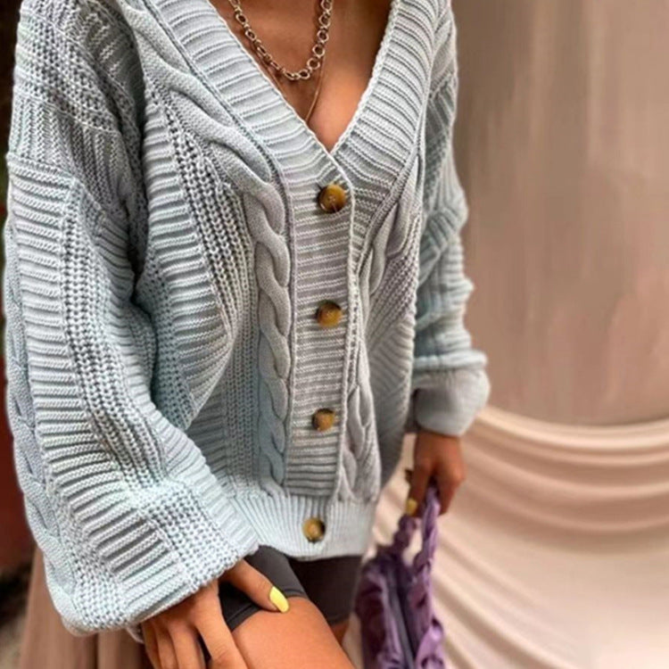 Dame cardigan med dyp V-hals og store knapper Skjora