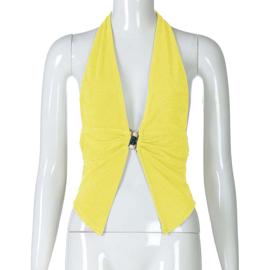 Women's halter top with elegant ruching and decorative beads Skjora