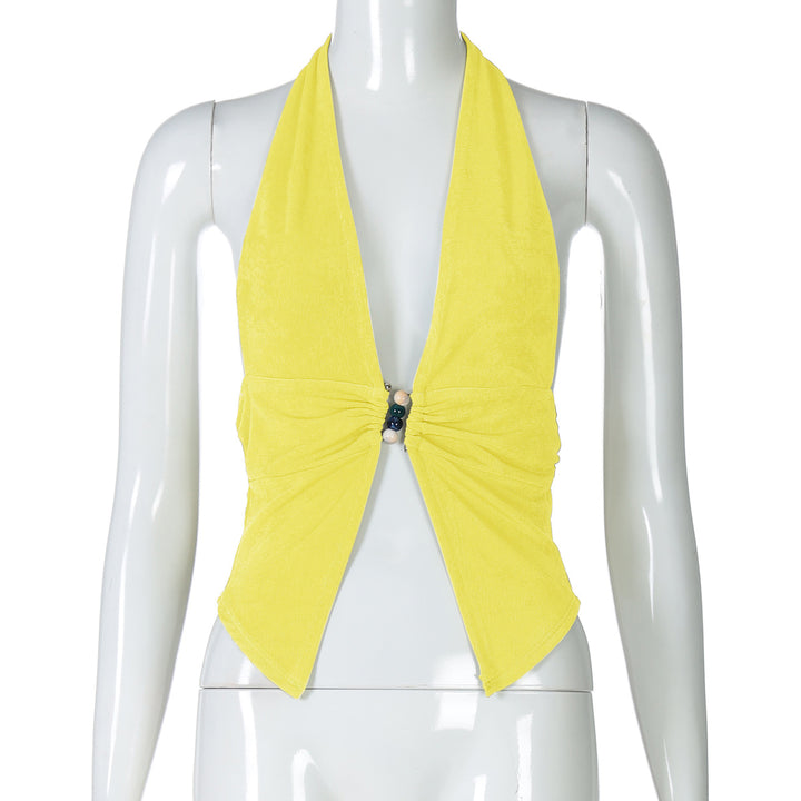 Women's halter top with elegant ruching and decorative beads Skjora