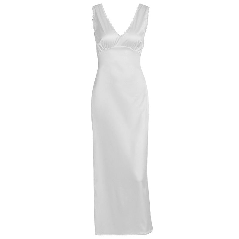 Damer elegant Satin-nattkjole med dyp V-hals og brede stropper Skjora
