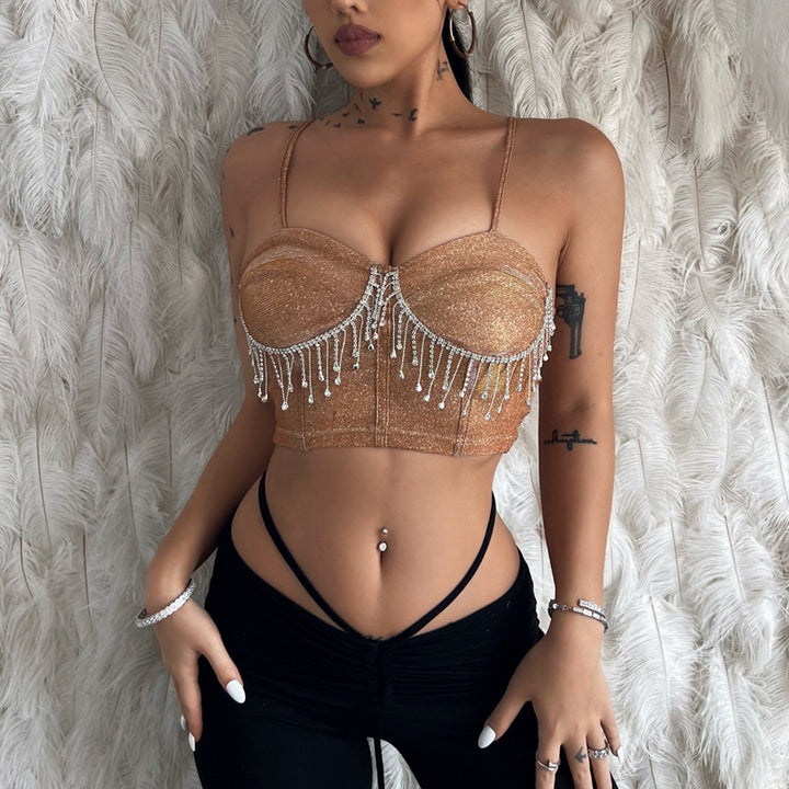 Dames Glitterende Bustier med Funklende Rhinestones Detaljer og Spaghetti Stropper