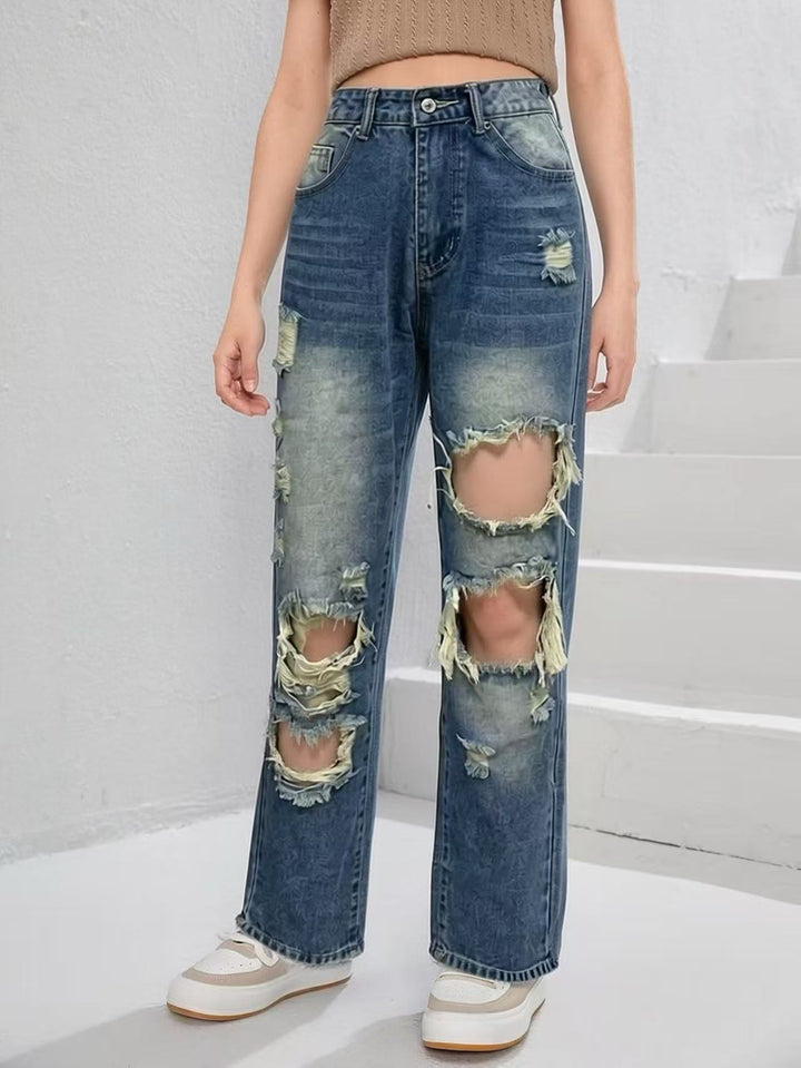 Dame casual Destroyed Jeans med bred ben og trendy revnedetaljer Skjora