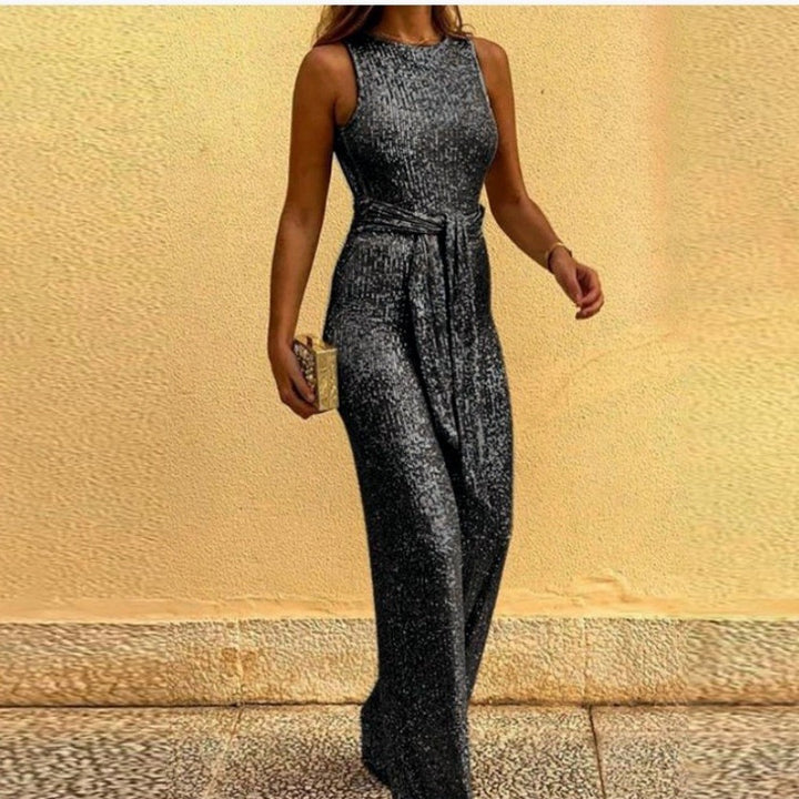 Dame Glamorous Maxi Kjole med Glitrende Paillettkant og Elegant Midjebånd