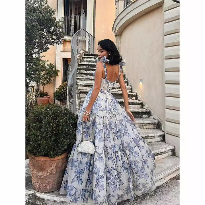 Damer Elegant Maxi Kjole med Blomster Chiffon og Utsvakt Skjørt Skjora