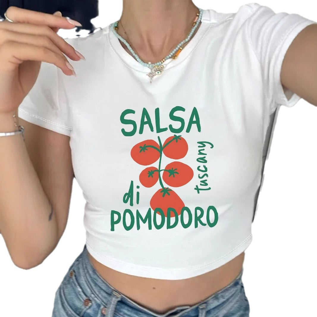 Dame Crop-Top med kreativt tomatomotiv og morsom tekst Skjora
