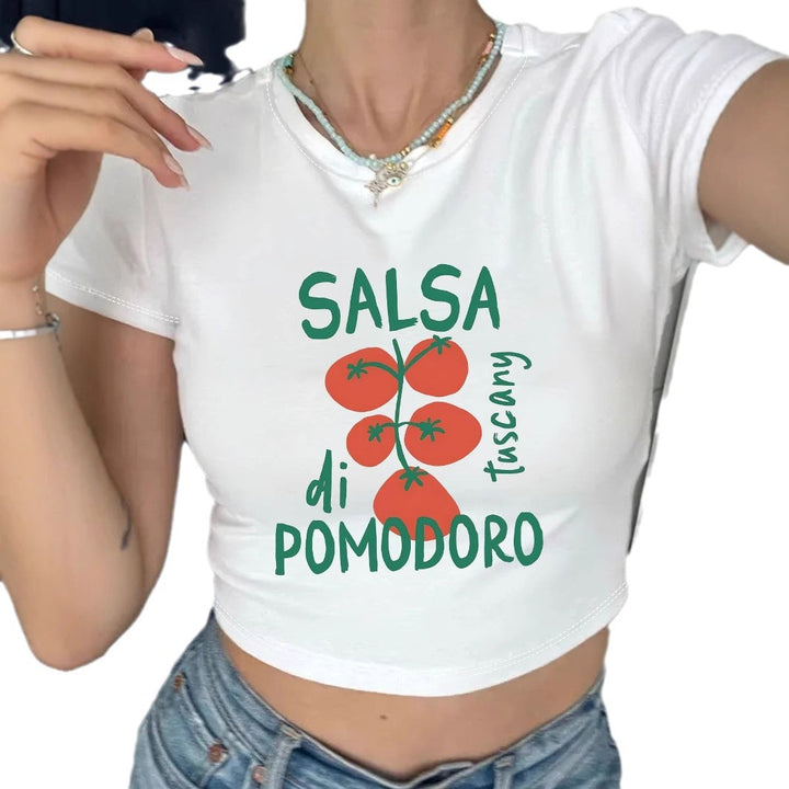 Dame Crop-Top med kreativt tomatomotiv og morsom tekst Skjora