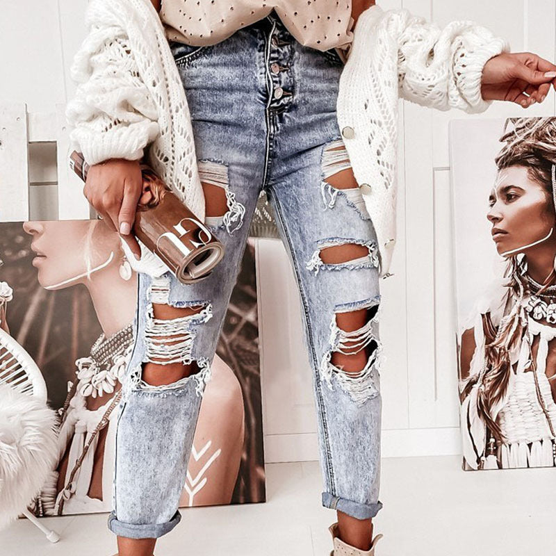 Kvinners ødelagte jeans i avslappet boyfriend-snitt med høy midje og detaljer Skjora