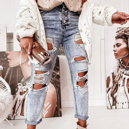 Kvinners ødelagte jeans i avslappet boyfriend-snitt med høy midje og detaljer Skjora